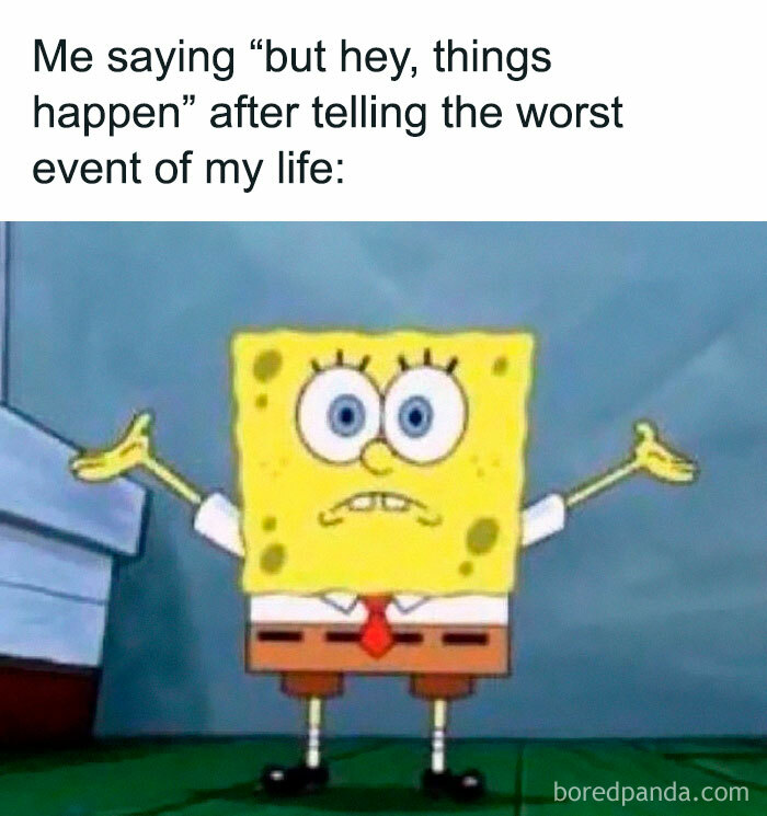SpongeBob with arms outstretched looking uneasy, illustrating funny posts about barely holding it together moments.