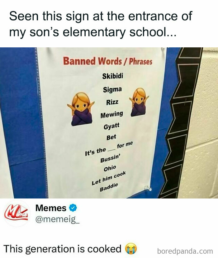 Sign at elementary school listing banned words and phrases with emojis, highlighting funny posts about barely holding it together.