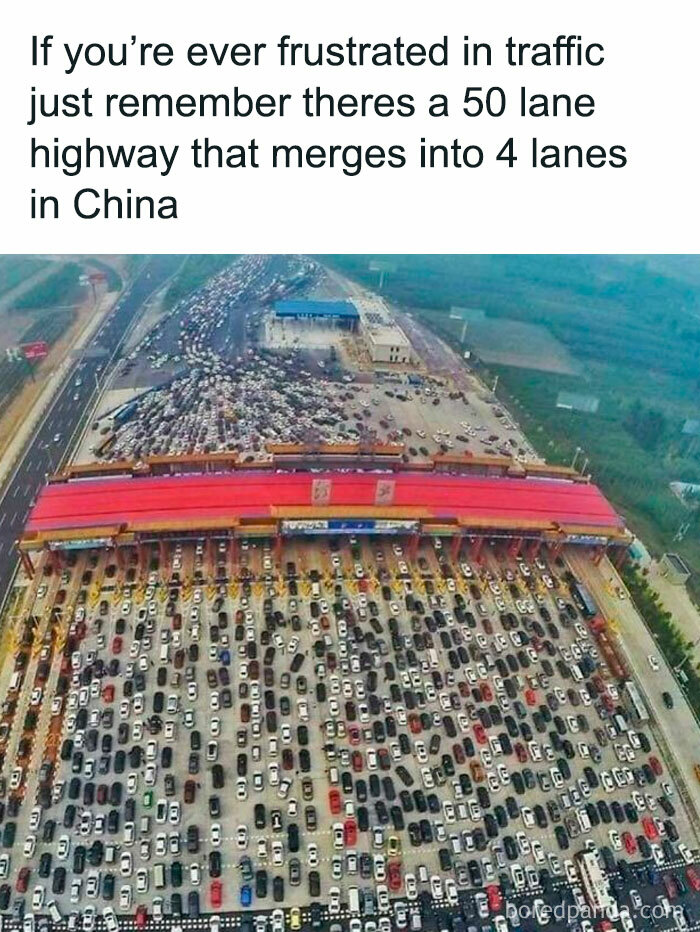 Aerial view of heavy traffic merging from 50 lanes into 4, illustrating funny posts about barely holding it together moments.