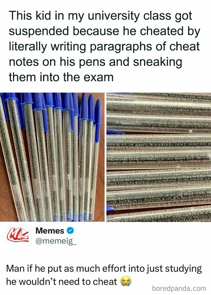 Cheat notes written on pens reveal funny posts showing how everyone’s just barely holding it together.