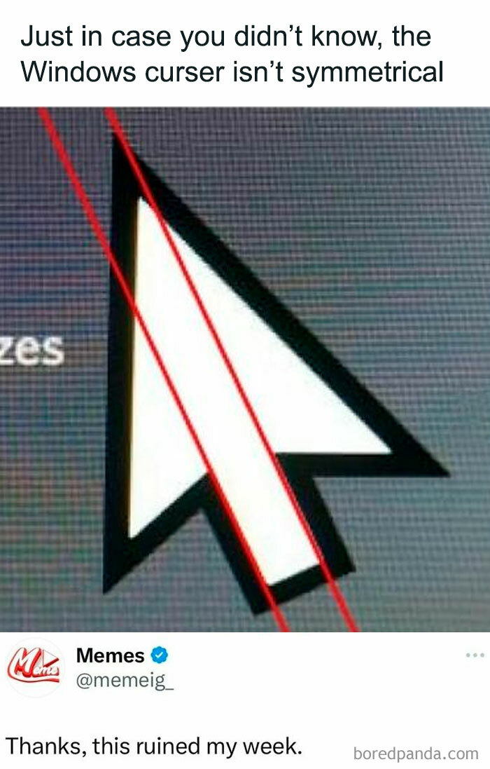 Close-up of Windows cursor with red lines showing it is not symmetrical, a funny post about barely holding it together.