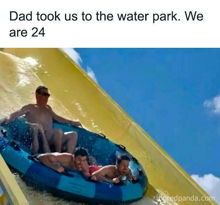 Three adults on a water slide laughing during a fun moment, showing everyone’s barely holding it together humor.