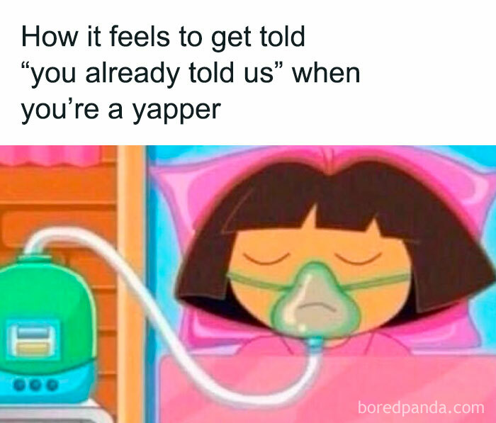 Cartoon character resting with oxygen mask, illustrating the feeling of barely holding it together and stress in funny posts.