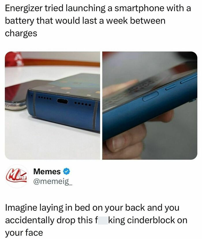 Close-up images of a heavy smartphone with a long-lasting battery illustrating funny posts about barely holding it together.