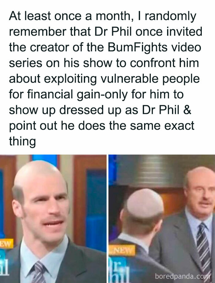 Text post about Dr Phil parody and exploitation, paired with screenshots from a funny post showing a bald man in a suit.