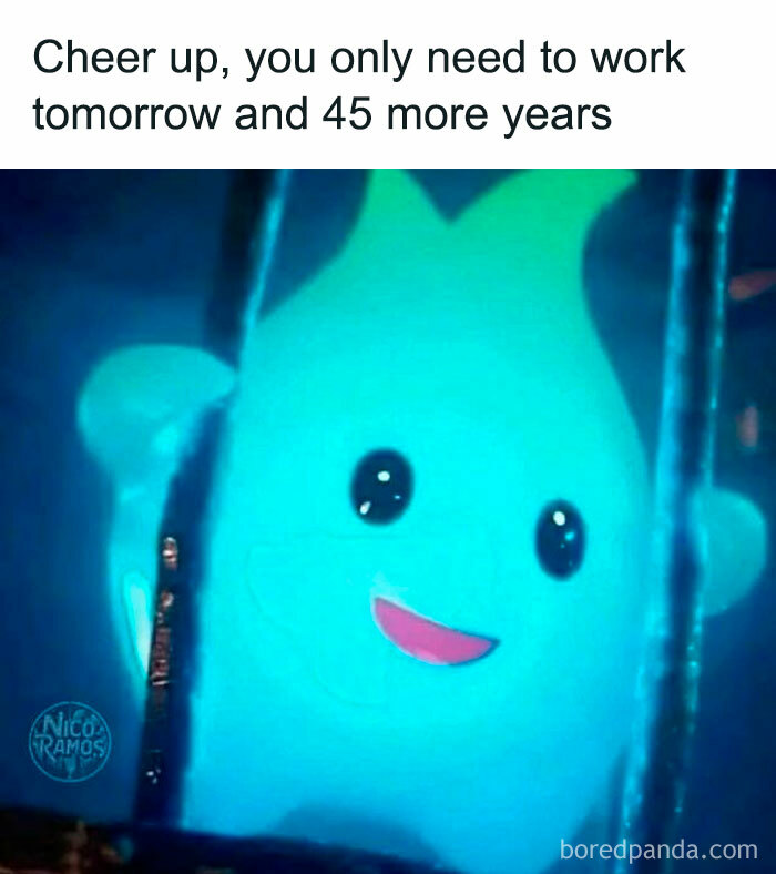 Glowing cartoon character behind bars with a humorous caption about work, reflecting funny posts on barely holding it together.