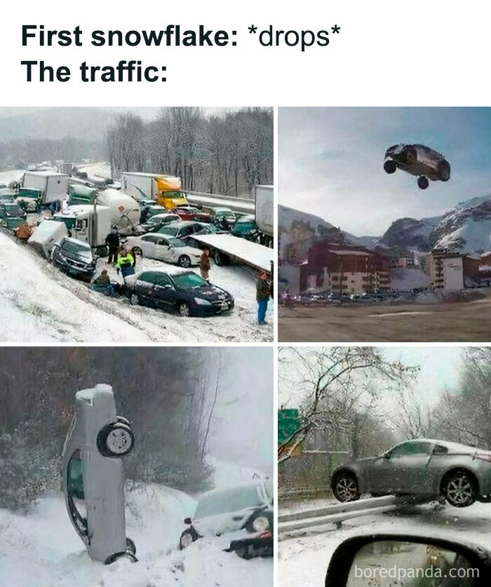 Traffic chaos and funny car accidents in snow, illustrating hilarious posts proving everyone’s barely holding it together.