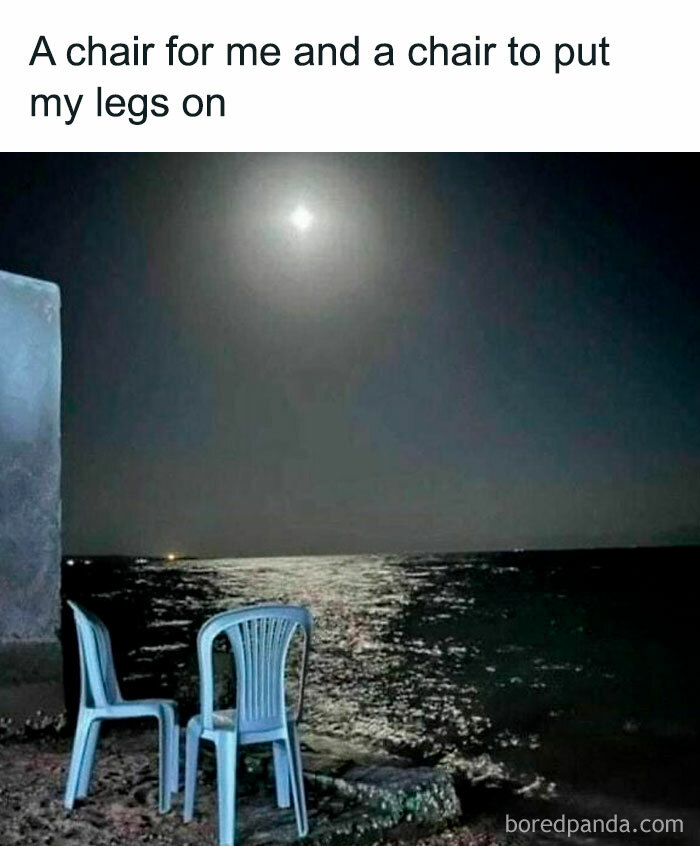 Two plastic chairs by the ocean at night under the moonlight, illustrating funny posts about barely holding it together.