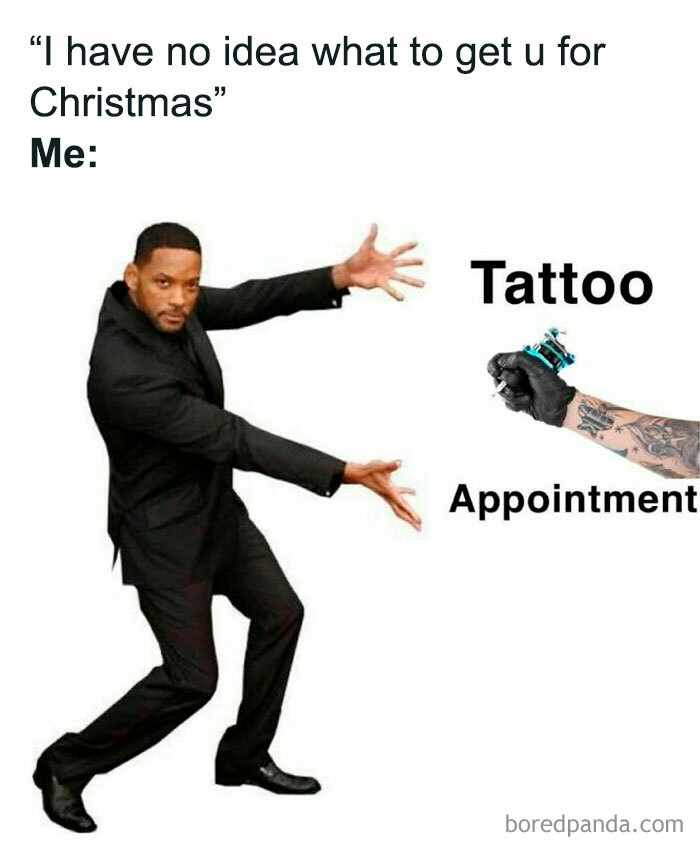 Man in black suit presenting a tattoo appointment, a funny post showing everyone’s barely holding it together.