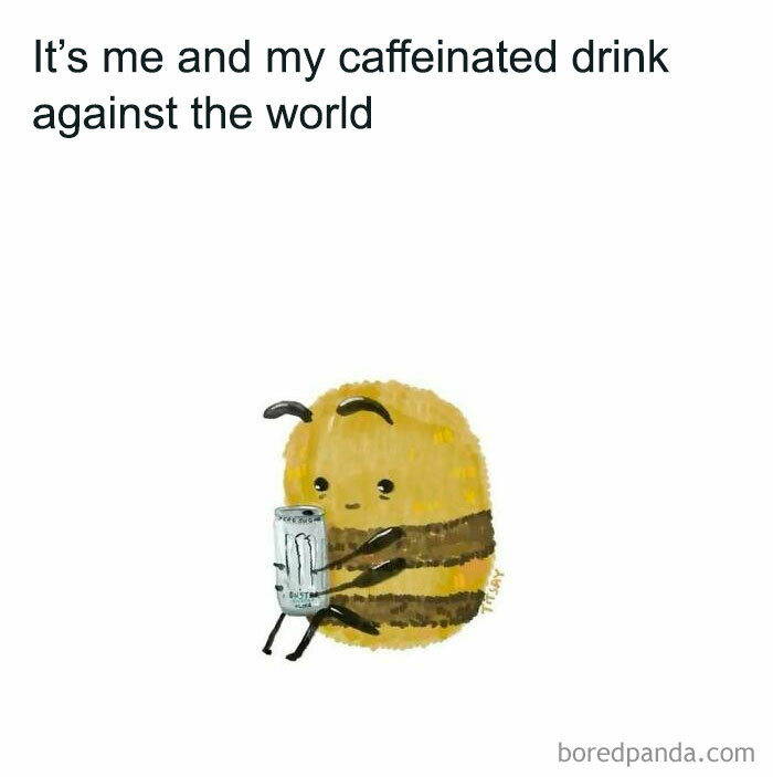 Cute bee cartoon holding a caffeinated drink, illustrating funny posts about barely holding it together moments.