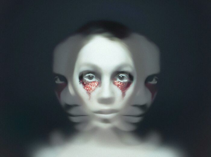 Surreal portrait with three overlapping faces and red glitter tears, evoking a haunting and eerie red flag poll theme.