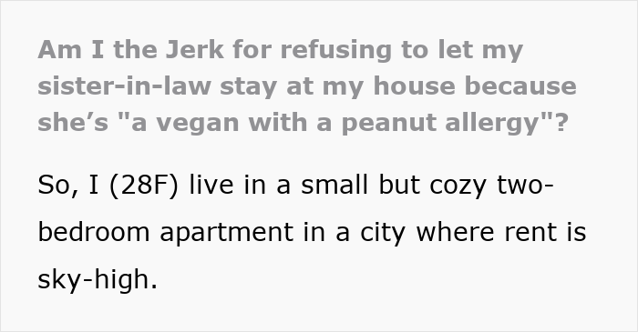 Text post discussing a highly sensitive sister-in-law's high demands causing conflict over vegan and peanut allergy concerns. Text post discussing a highly sensitive sister-in-law's high demands causing conflict over vegan and peanut allergy concerns.