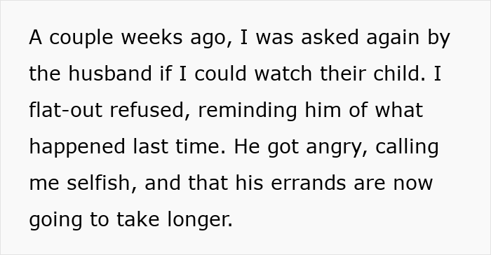 Text excerpt discussing man refusing to babysit roommate&rsquo;s kid after night shift and being called selfish.