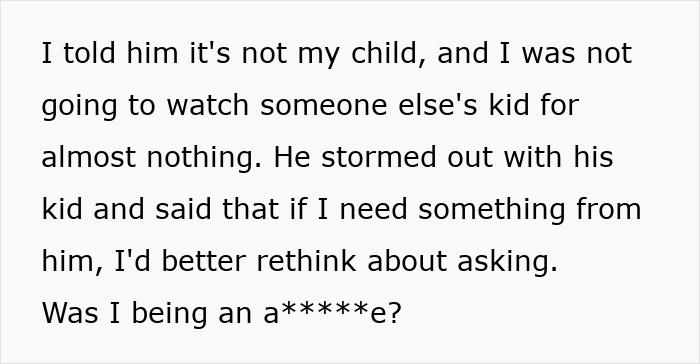 Alt text: Man refuses to babysit roommate&rsquo;s kid after night shift, faces accusations of being selfish and uncaring.