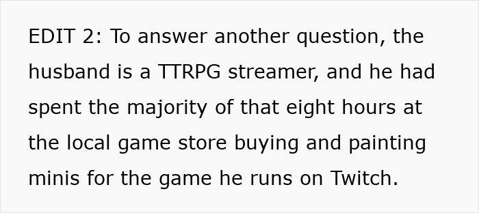 Text excerpt discussing a TTRPG streamer husband who spent hours at a game store buying and painting minis for Twitch.