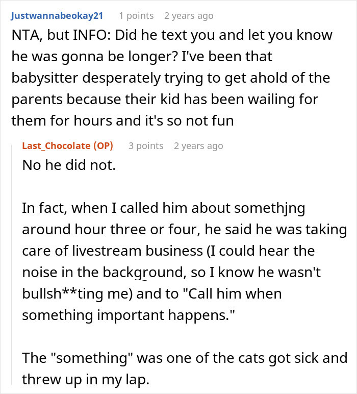 Screenshot of an online discussion about a man refusing to babysit roommate&rsquo;s kid after a night shift.