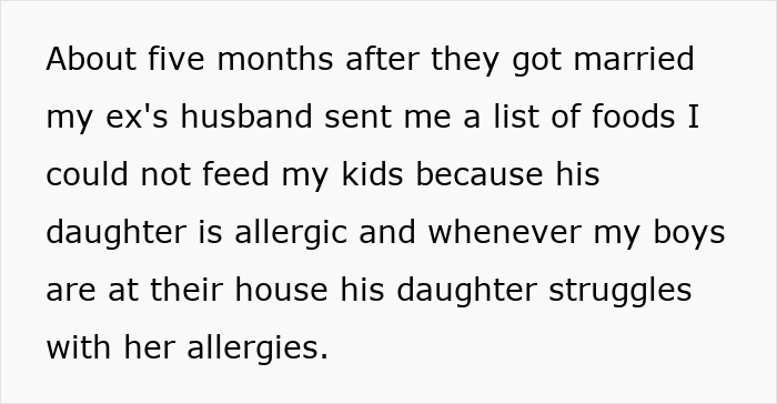 Text about dad refusing to change kids&rsquo; diet despite ex&rsquo;s new husband&rsquo;s request due to allergy concerns.