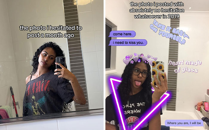 Side-by-side pics showing hesitant versus confident selfies with creative effects and text overlays in bathroom mirrors.