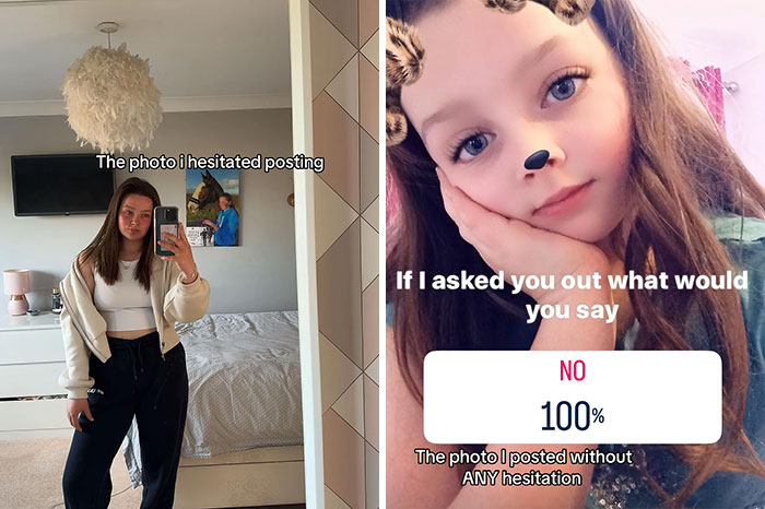 Side-by-side pics showing what people hesitated to post versus what they confidently shared online.