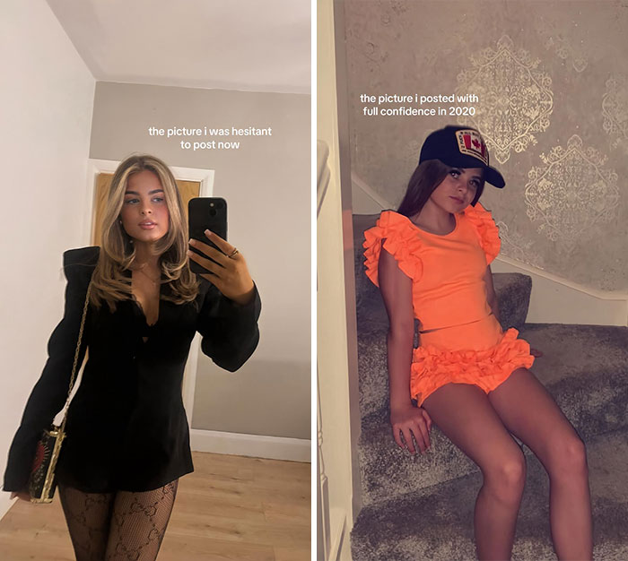 Side-by-side pics of a woman’s hesitant versus confident posts showing contrast in self-expression and outfit choices.