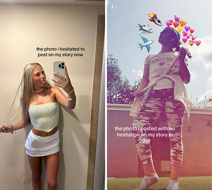 Side-by-side pics of a woman showing photos she hesitated to post versus photos posted with confidence on social media stories.