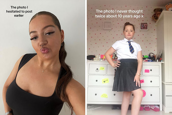 Side-by-side pics showing a woman hesitating to post a selfie and a confident girl standing in a school uniform.