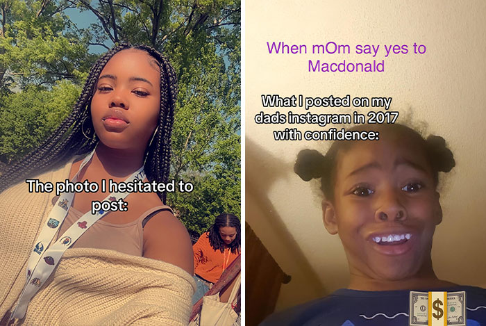 Side-by-side pics showing photo hesitated to post versus photos shared with confidence on social media.