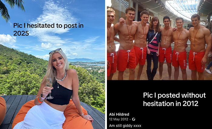 Side-by-side pics showing hesitation versus confidence in social media posts with groups and solo portraits.