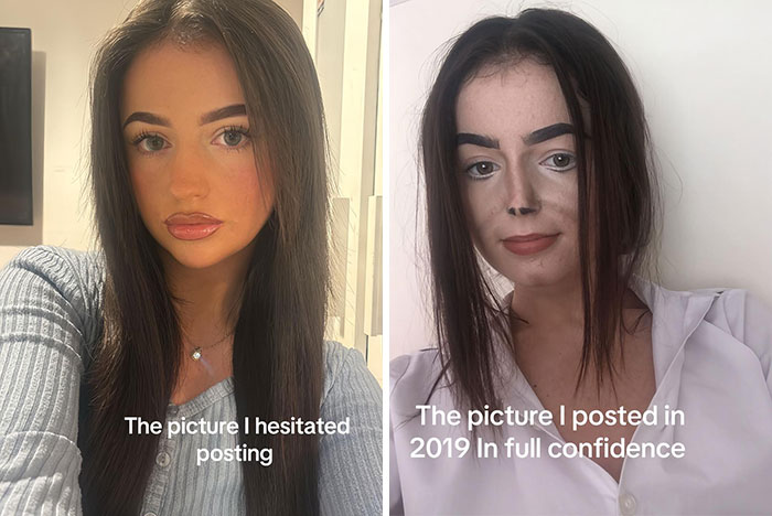 Side-by-side pics showing a woman hesitating to post one photo and confidently posting another with creative makeup.