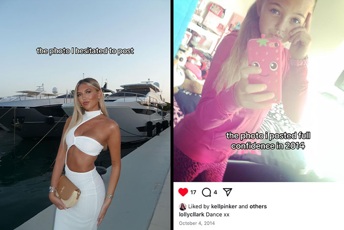 Side-by-side pics showing what people hesitated to post versus what they posted with confidence, featuring selfies and poses.