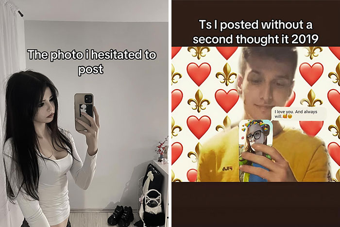 Side-by-side pics showing a hesitant mirror selfie and a confident selfie with heart emojis and text messages.