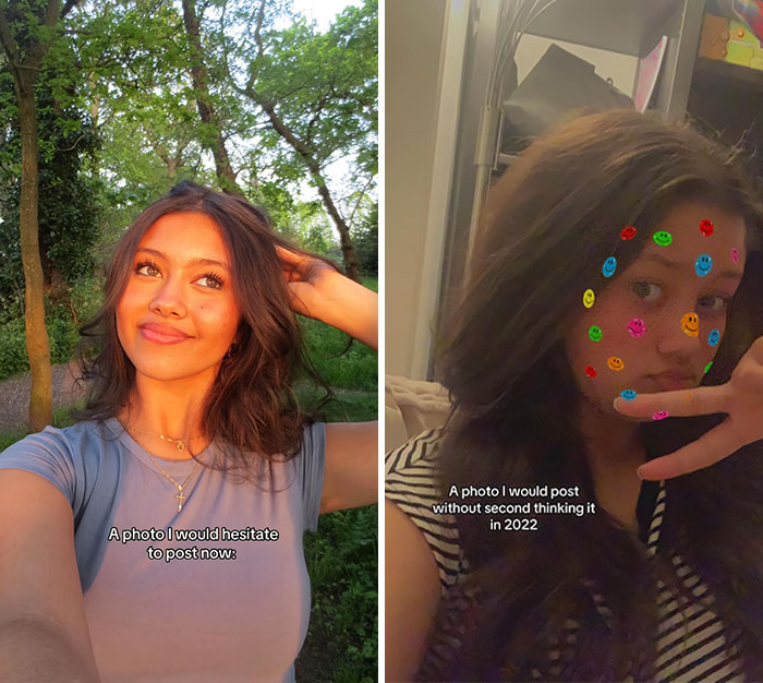 Side-by-side pics showing a woman hesitating to post one photo and confidently posting another with smiley face stickers.