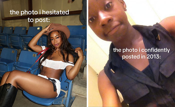 Side-by-side photos showing what people hesitated to post versus what they confidently posted online in 2013.