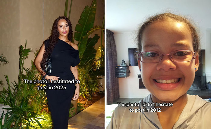 Side-by-side pics showing what people hesitated to post and what they posted with confidence in different years.