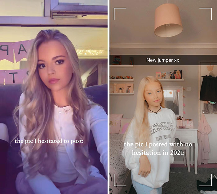 Side-by-side pics showing what people hesitated to post versus what they confidently posted in 2021.