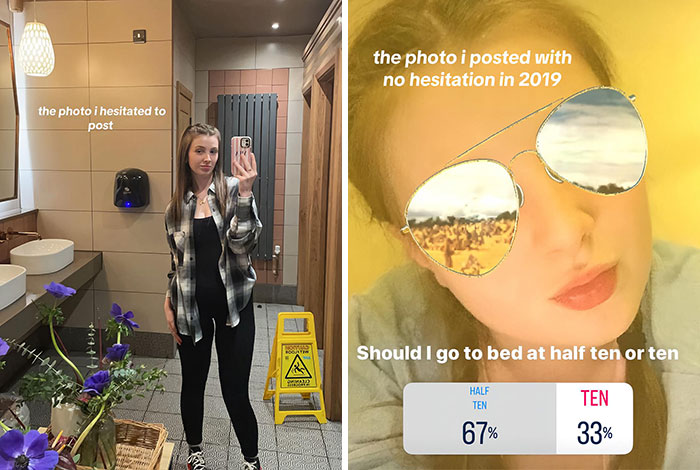 Side-by-side pics comparing hesitant versus confident posts with selfies in different settings and styles.