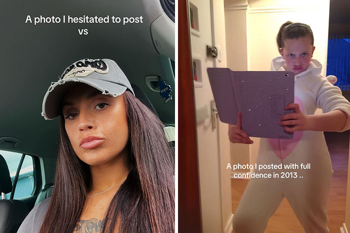 Side-by-side photos showing what people hesitated to post versus photos posted with confidence.