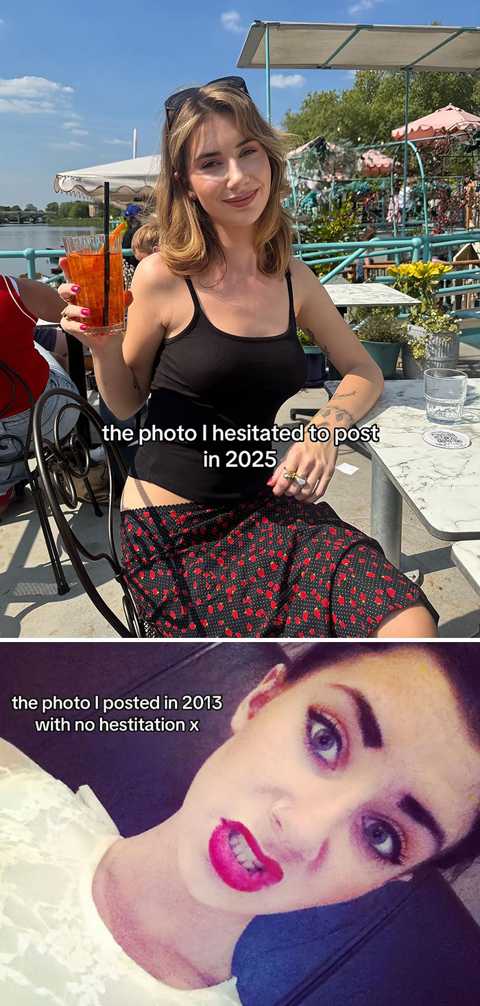 Side-by-side pics showing what people hesitated to post and what they posted confidently through the years.