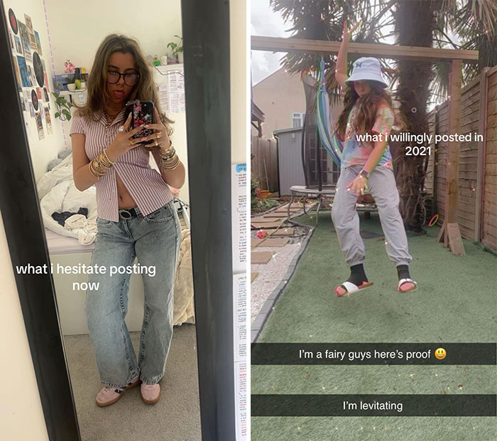 Side-by-side pics showing a hesitant mirror selfie and a confident outdoor levitating photo posted in 2021.