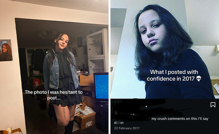 Side-by-side pics showing a hesitant photo and a confident selfie post from 2017, illustrating social media sharing choices.
