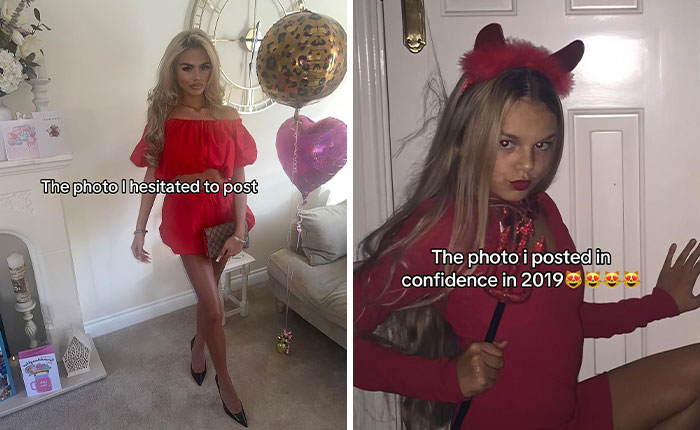 Side-by-side pics showing what people hesitated to post versus what they posted with confidence in different outfits.