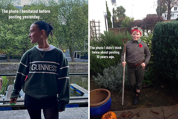 Side-by-side pics showing people hesitated to post one photo but posted another with confidence outdoors.