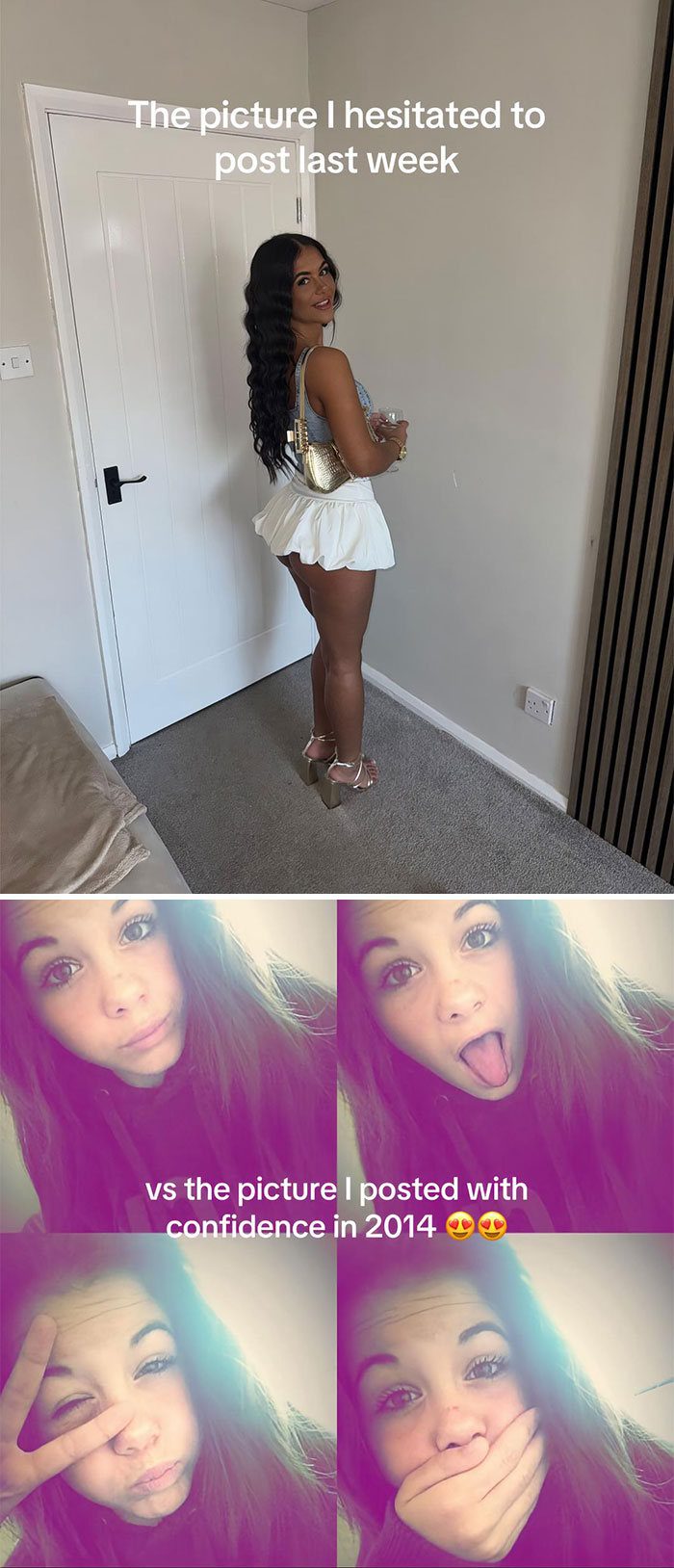 Side-by-side pics showing what people hesitated to post versus what they posted with confidence in selfies and fashion.