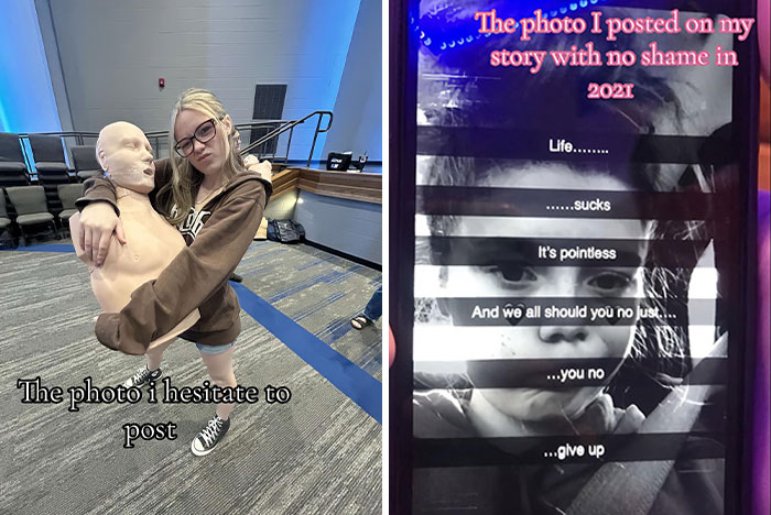 Side-by-side pics showing what people hesitated to post versus what they posted with confidence.