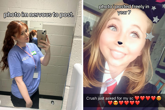 Side-by-side pics showing hesitant versus confident posts featuring selfies and playful school photo with a filter applied.