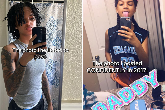Side-by-side pics of a woman showing hesitation to post one photo and confidence posting another with a phone selfie.