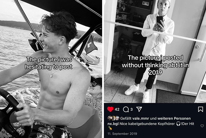 Side-by-side pics showing what people hesitated to post versus what they posted confidently on social media.