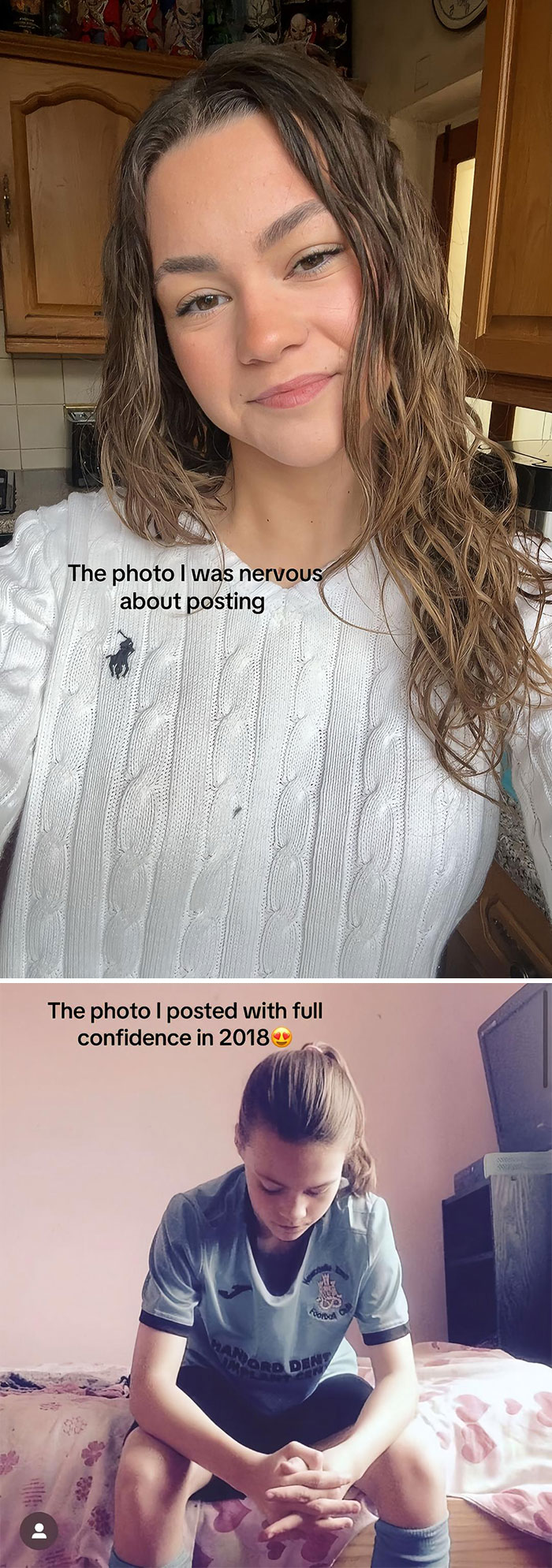 Side-by-side pics of a woman showing hesitation versus confidence while posting on social media.