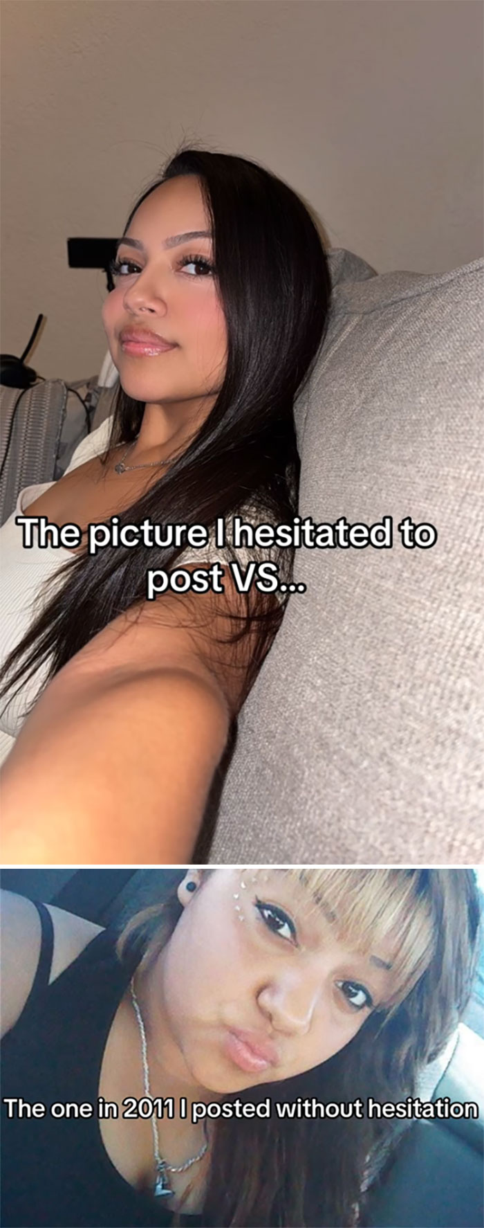 Side-by-side selfie comparison showing what people hesitated to post versus what they posted with confidence.