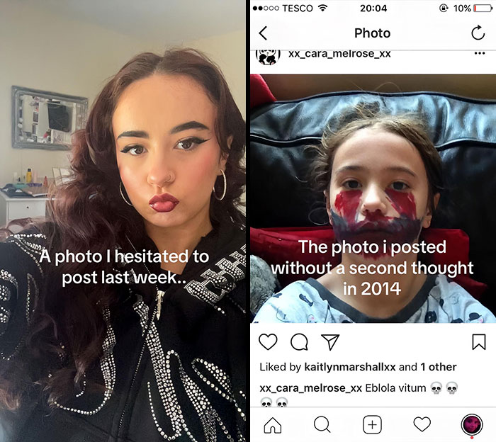 Side-by-side pics showing a hesitant selfie and a confident photo posted years earlier with face paint on Instagram.